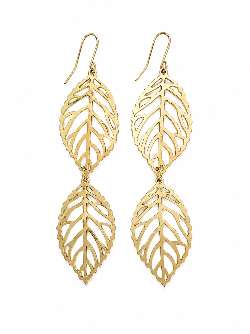 Gold Tone Double Leaf Dangle Earrings Openwork Botanical Lightweight